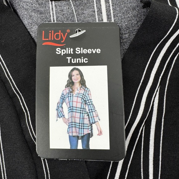 Black White Tunic Top Striped Split Sleeve V Neck Women L XL Career Office NWT - Picture 10 of 11